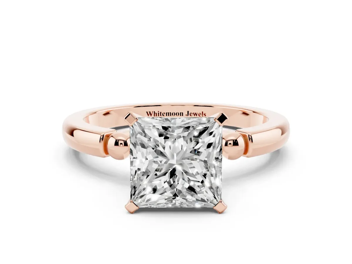 Princess Cut Solitaire Beaded Band with Four-Prong Setting Rose gold