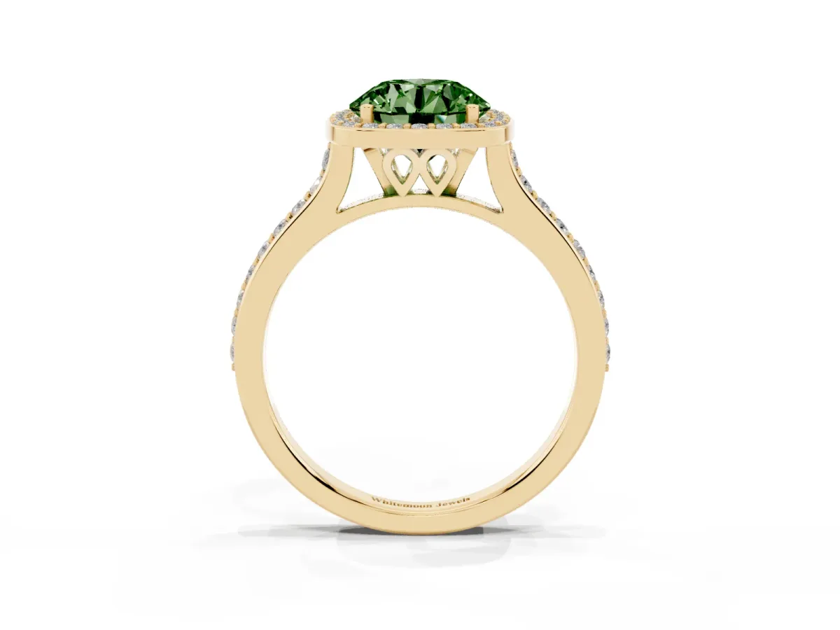 Fancy Green Round Cut Diamond Halo Engagement Ring with Round Pavé Shoulders and Prong Setting Yellow gold