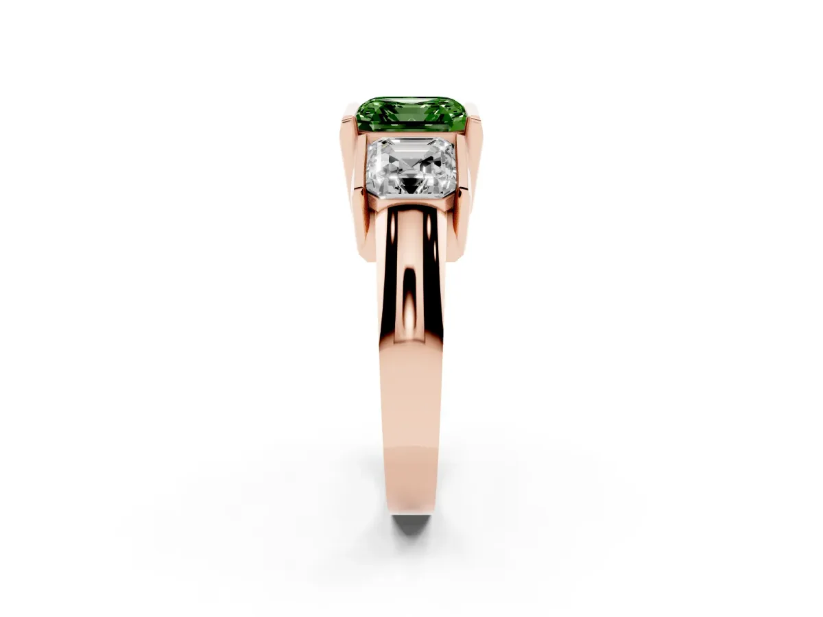 Fancy Green Three Stone Asscher Cut Cut Channel Set Diamond Ring Rose gold