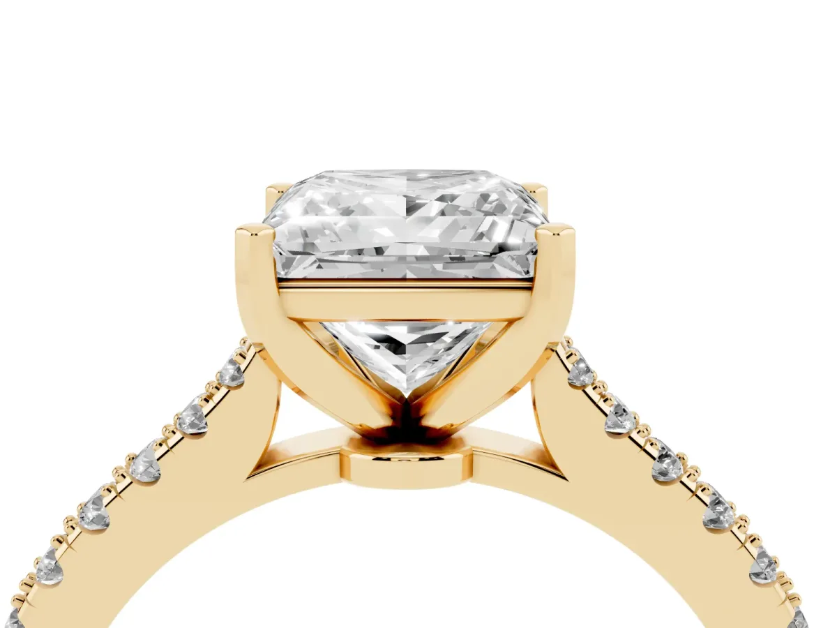 Princess Cut Cut Solitaire Diamond Engagement Ring with Pave Band and Four-Prong Setting Yellow gold