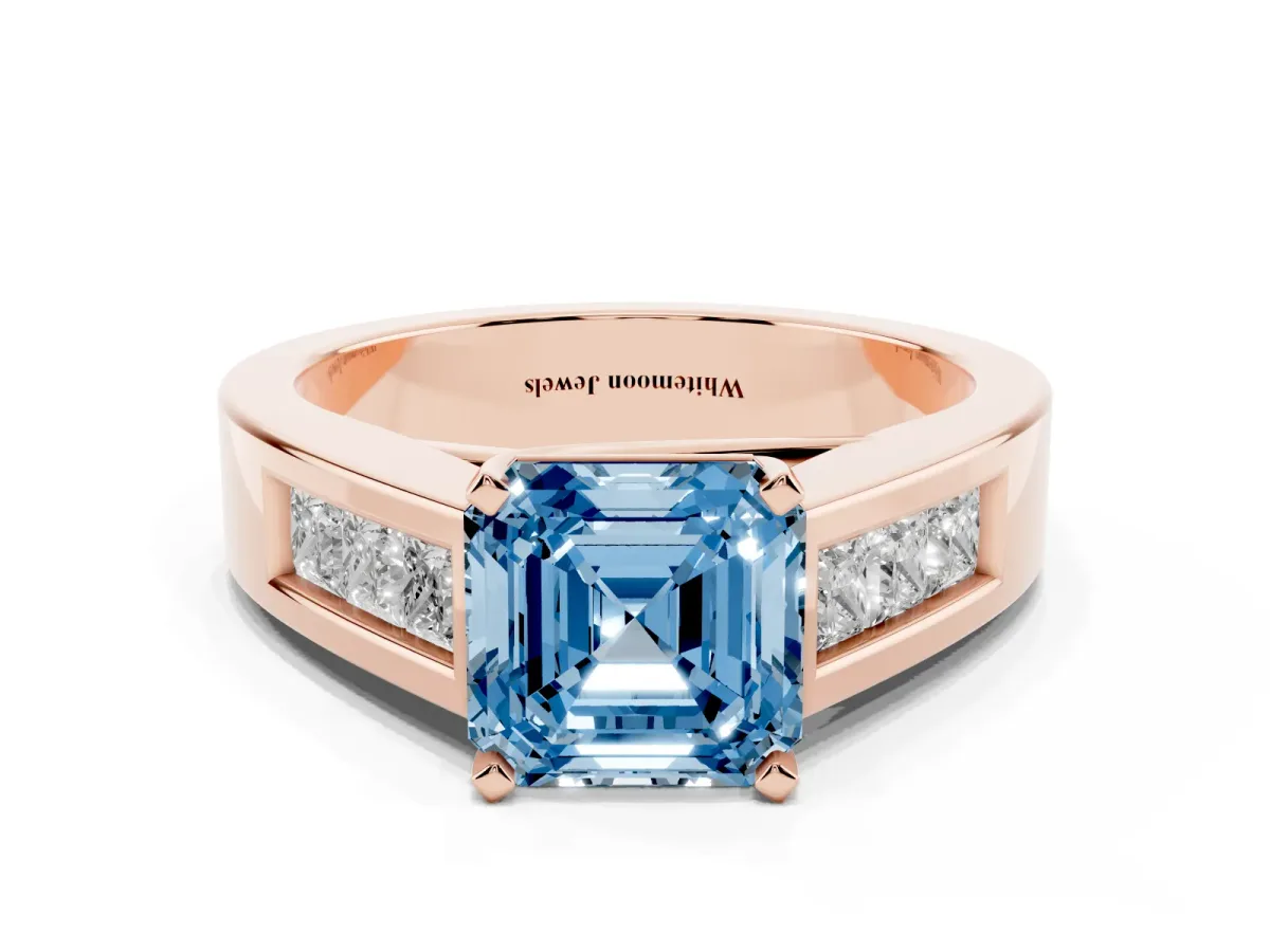 Fancy Blue Asscher Cut Cut Channel Set Solitaire Ring with Four-Prong Setting Rose gold