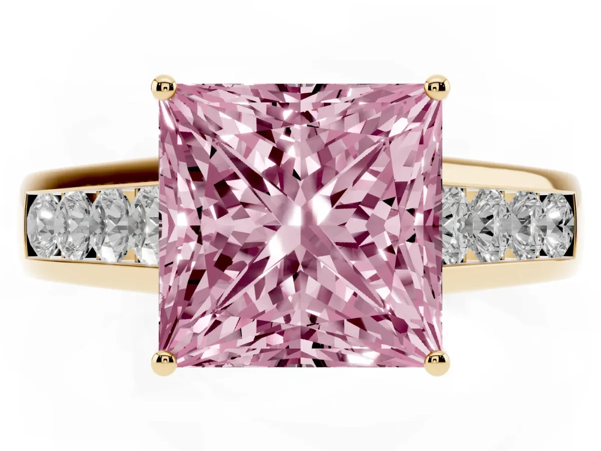 Fancy Pink Princess Cut Solitaire Channel-Set Diamond Engagement Ring with Four-Prong Setting Yellow gold