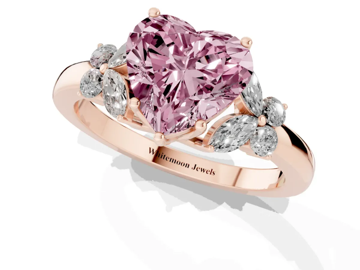 Fancy Pink Heart Cut Cut Solitaire Floral Diamond Ring with Four-Prong Setting Rose gold
