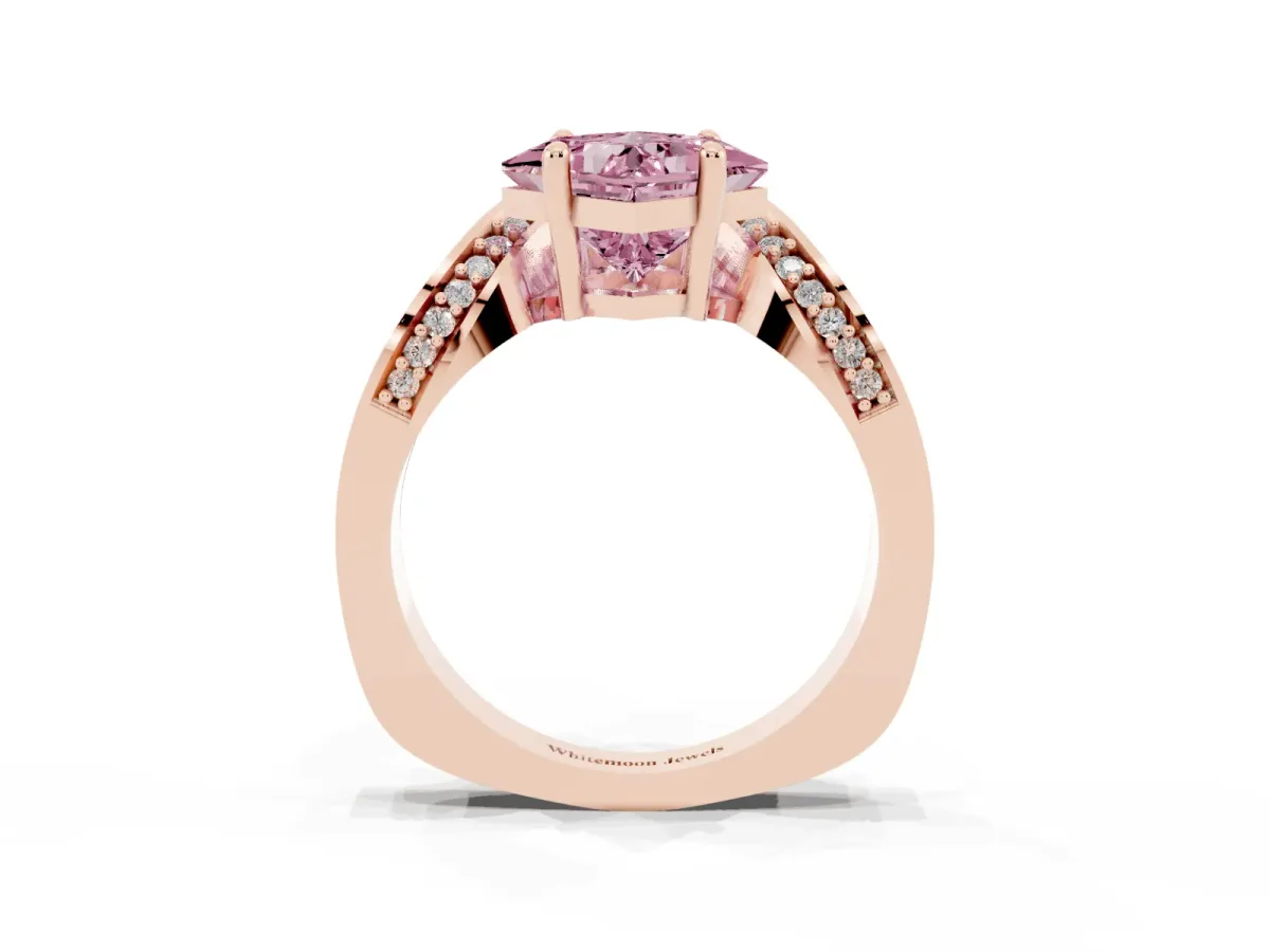 Fancy Pink Princess Cut Solitaire Diamond Engagement Ring with Pave Band and Four-Prong Setting Rose gold