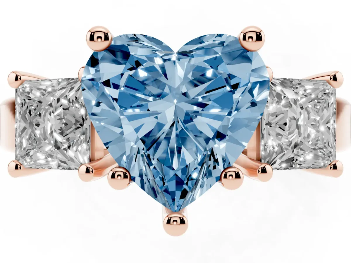 Fancy Blue Three-Stone Heart Cut Cut Solitaire Ring with Prong Setting Rose gold