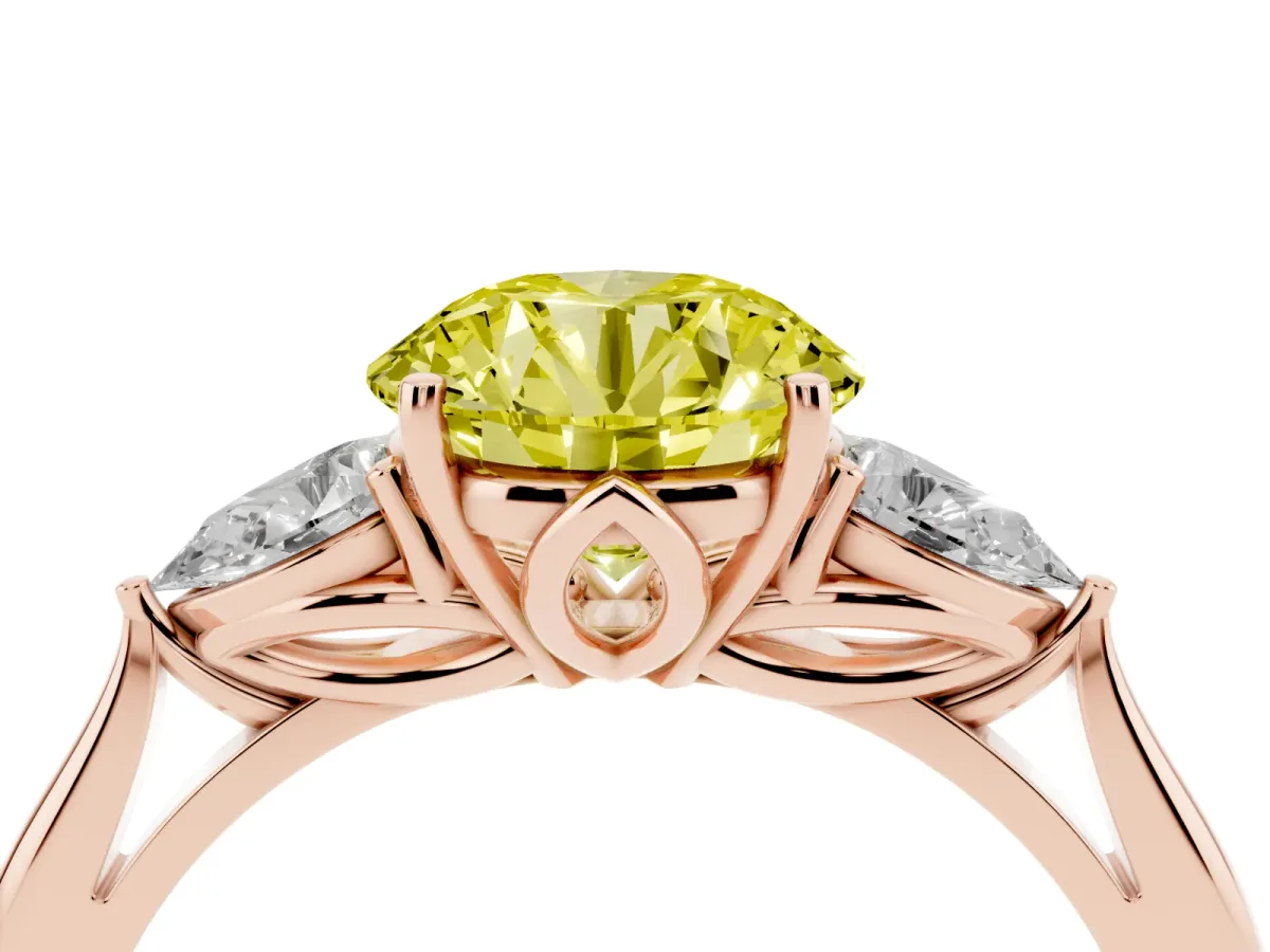 Fancy Yellow Three-Stone Round Cut Diamond Ring with Pear Side Stones in Four-Prong Setting Rose gold