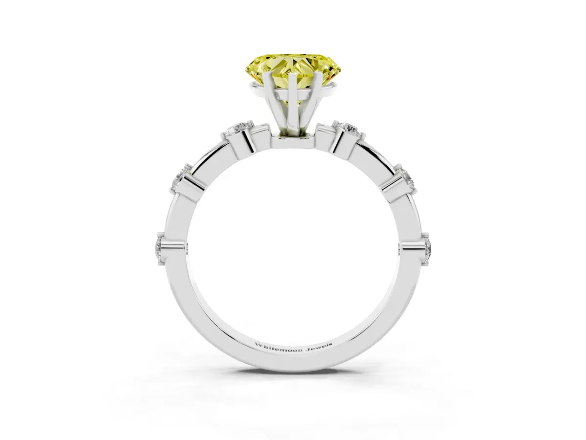 Fancy Yellow Heart Cut Solitaire Diamond Ring with Bezel Set Side Stones and Prong Setting Platinum