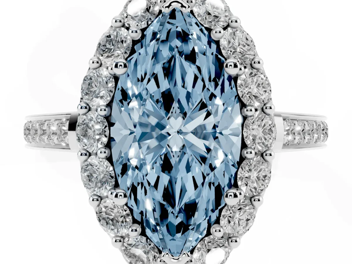 Fancy Blue Marquise Cut Diamond Floral Halo Ring with Pavé Band and Prong Setting White gold
