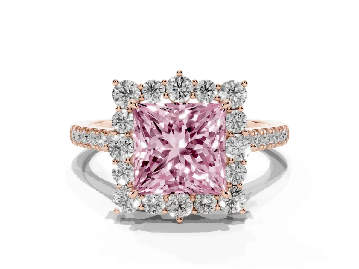 Fancy Pink Princess Cut Halo Diamond Ring with Pavé Band and Prong Setting Rose gold