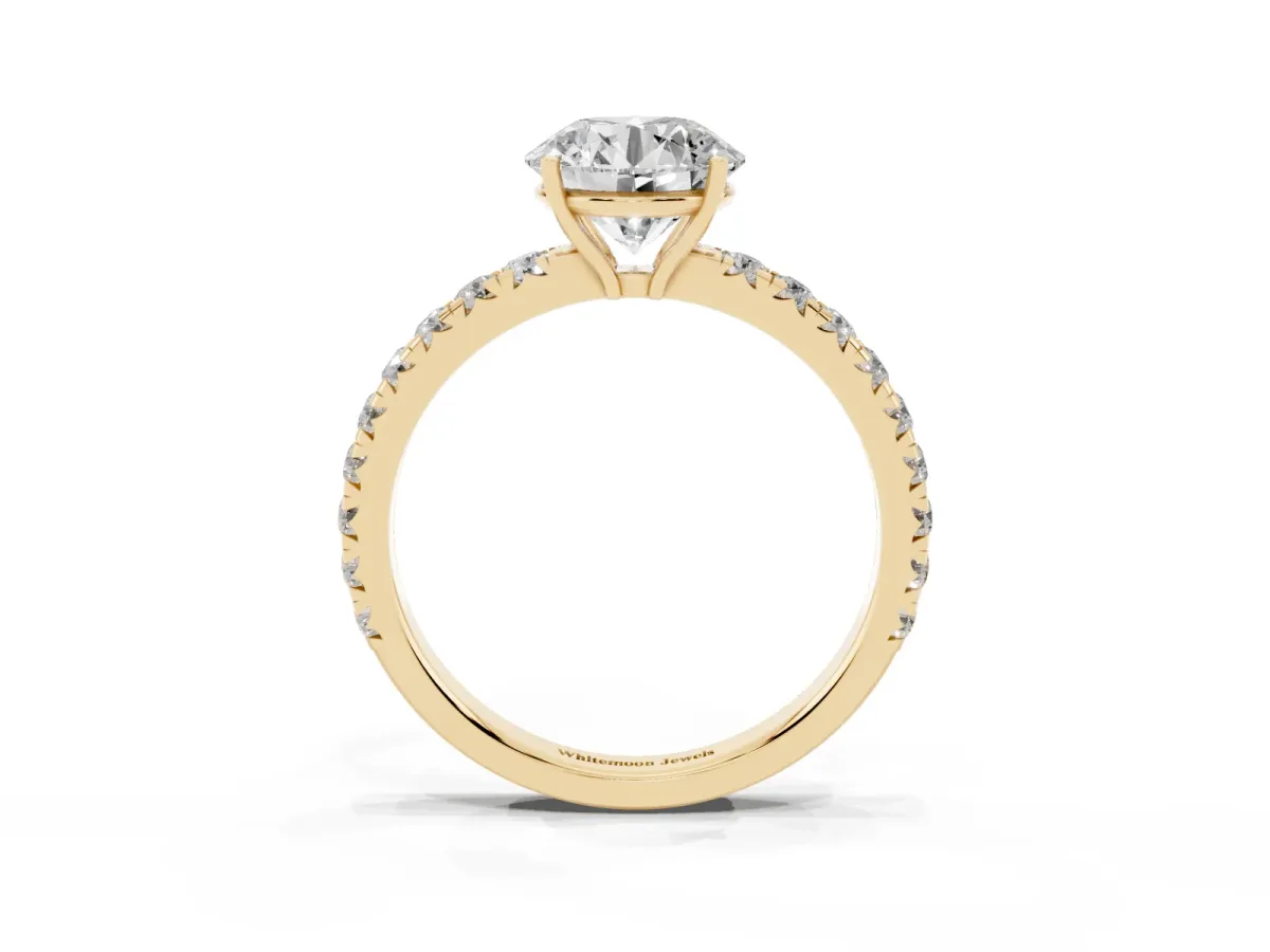 Round Cut Diamond Pavé Solitaire Engagement Ring with Four-Prong Setting Yellow gold