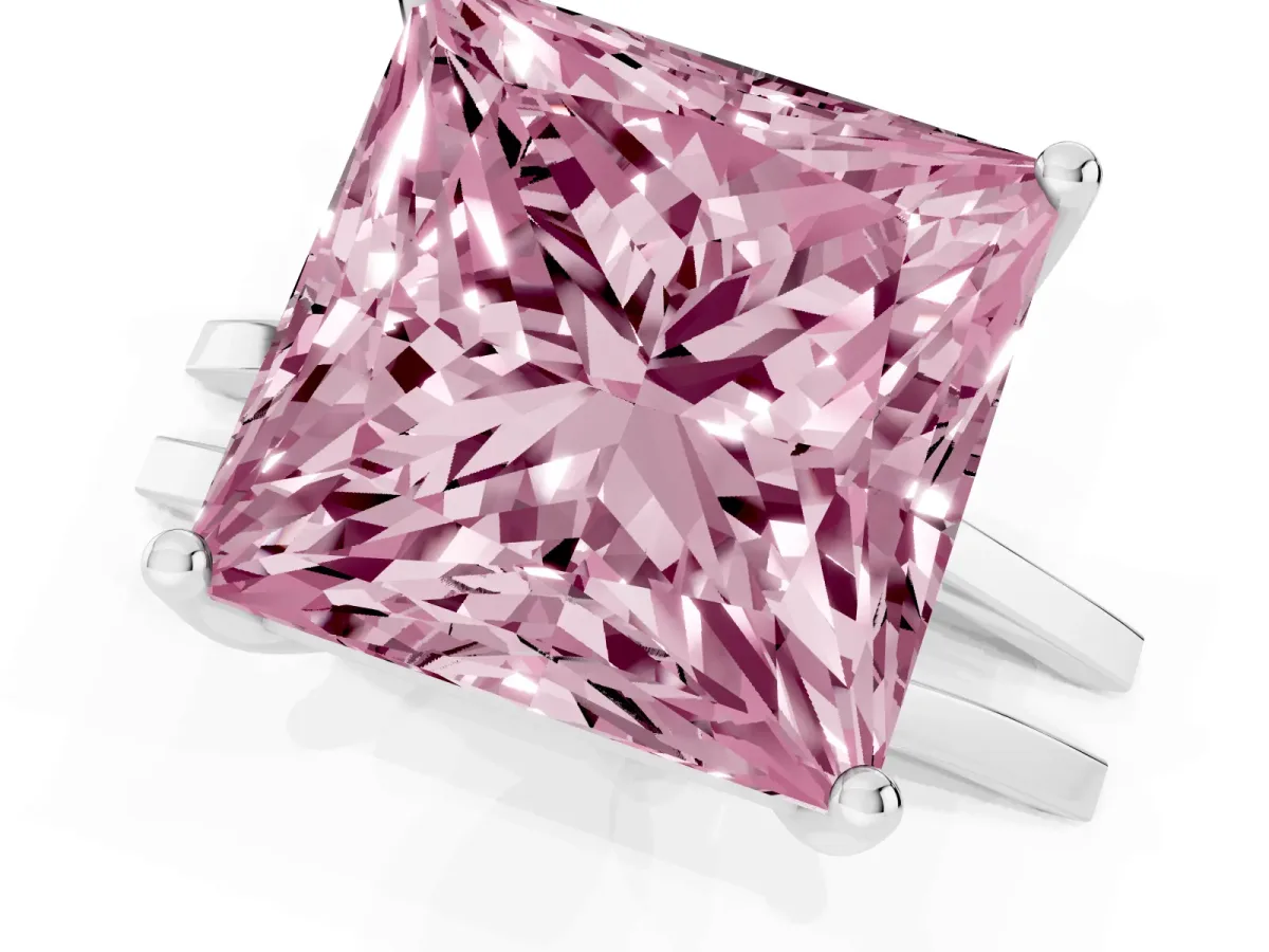 Fancy Pink Princess Cut Cut Diamond Solitaire Engagement Ring with Tapered Plain Band and Four-Prong Setting Silver