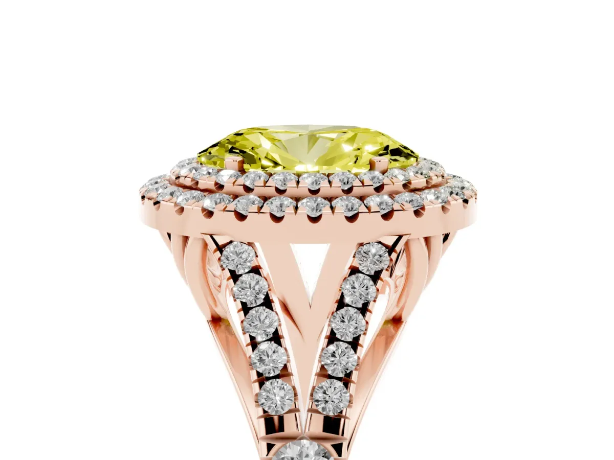 Fancy Yellow Oval Cut Cut Double Halo Split Shank Diamond Ring with Prong Setting Rose gold