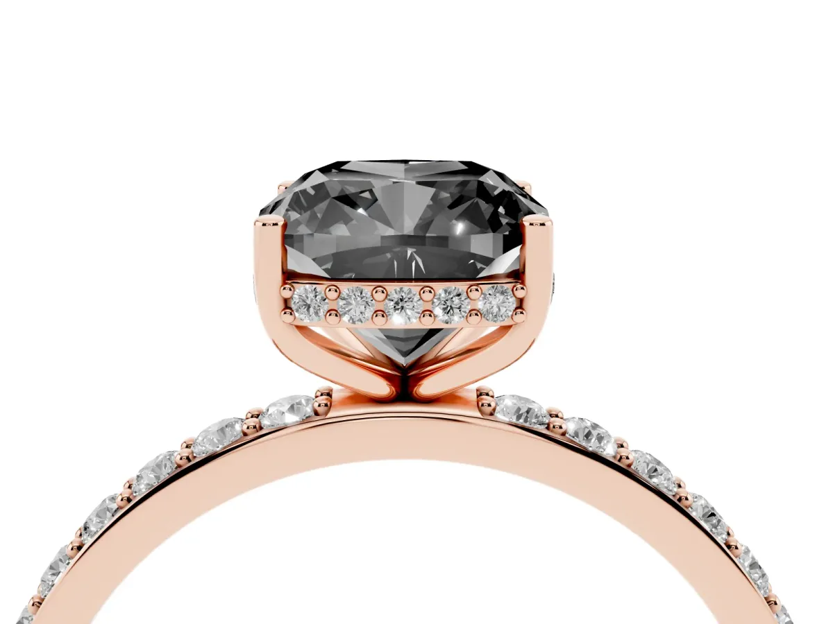 Fancy Black Cushion Cut Diamond Solitaire Ring with Pavé Band and Hidden Halo Rose gold