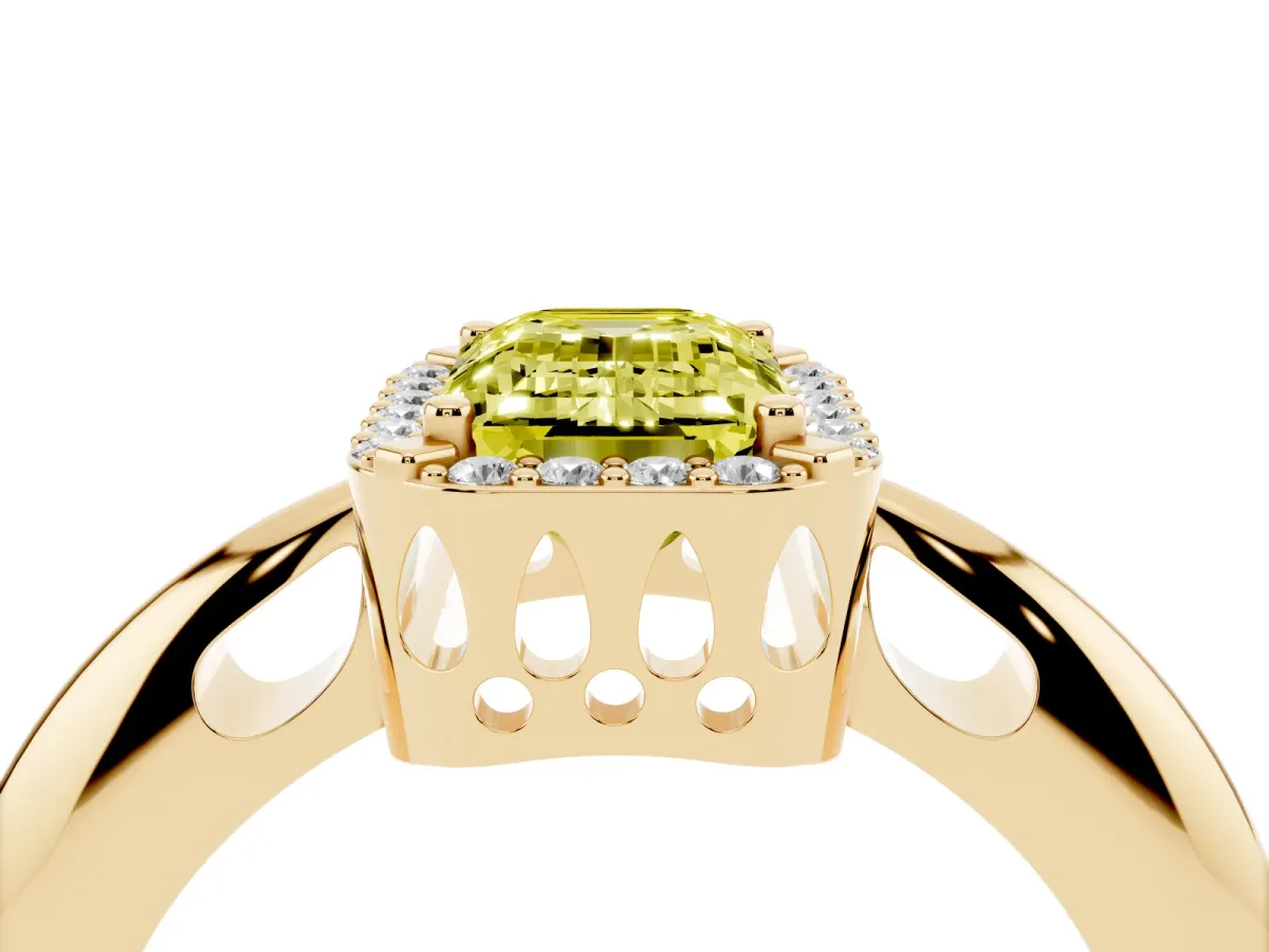 Fancy Yellow Emerald Cut Cut Diamond Halo Engagement Ring with Split Shank and Four-Prong Setting Yellow gold