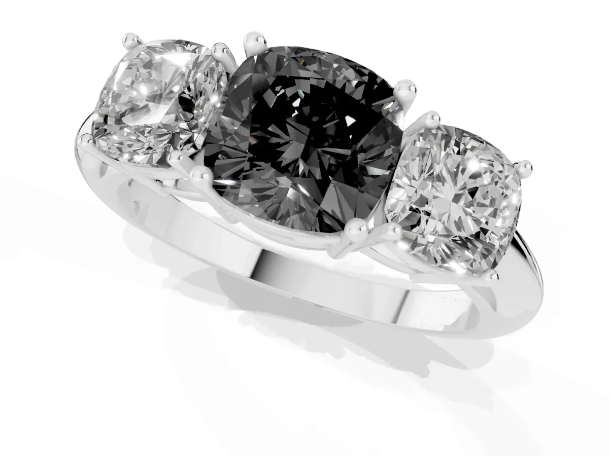 Fancy Black Three-Stone Cushion Cut Cut Diamond Engagement Ring with Prong Setting on a White Gold Band Platinum