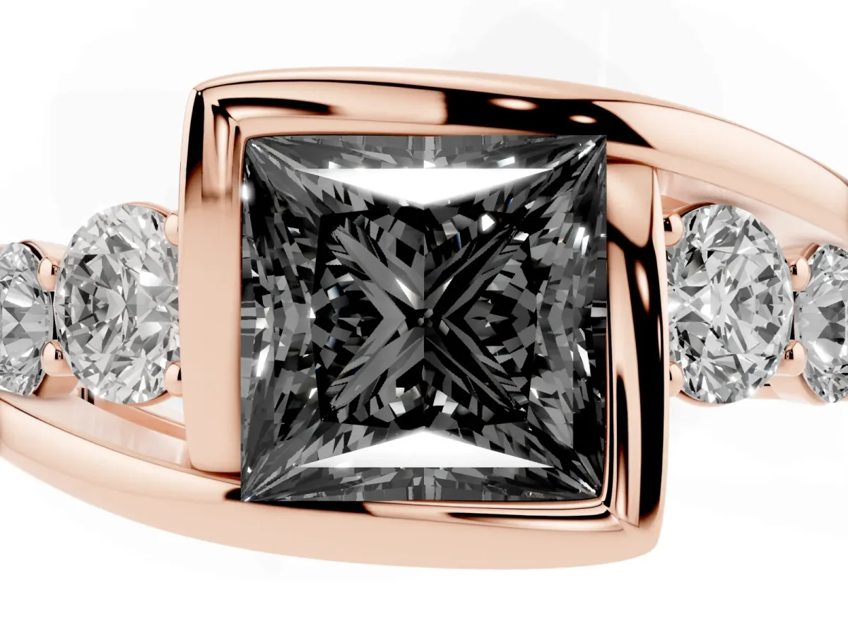 Fancy Black Bezel Set Princess Cut Diamond Bypass Ring with Round Accents Rose gold