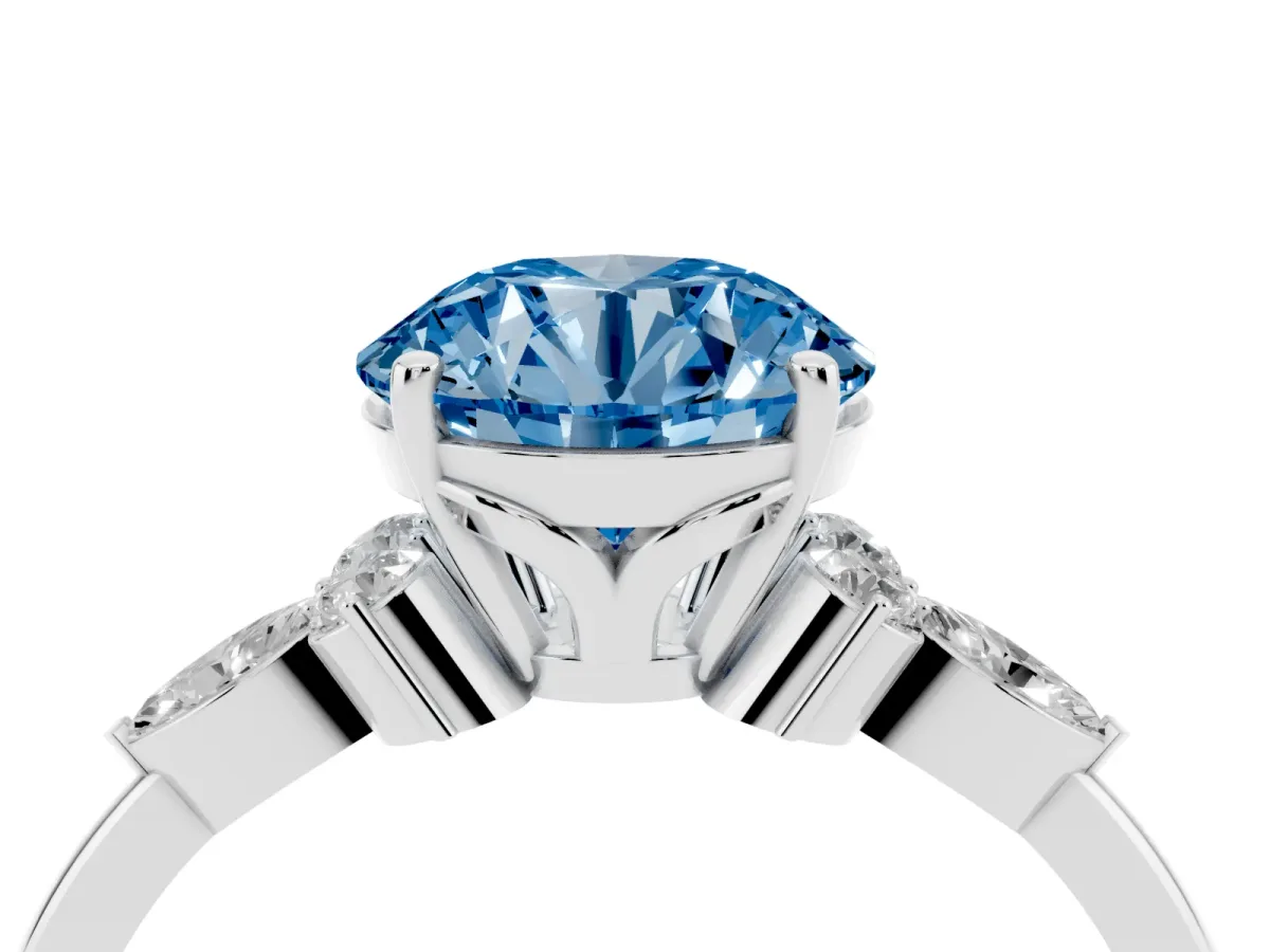 Fancy Blue Round Cut Brilliant Diamond Solitaire Ring with Pear Side Stones and Four-Prong Setting Silver