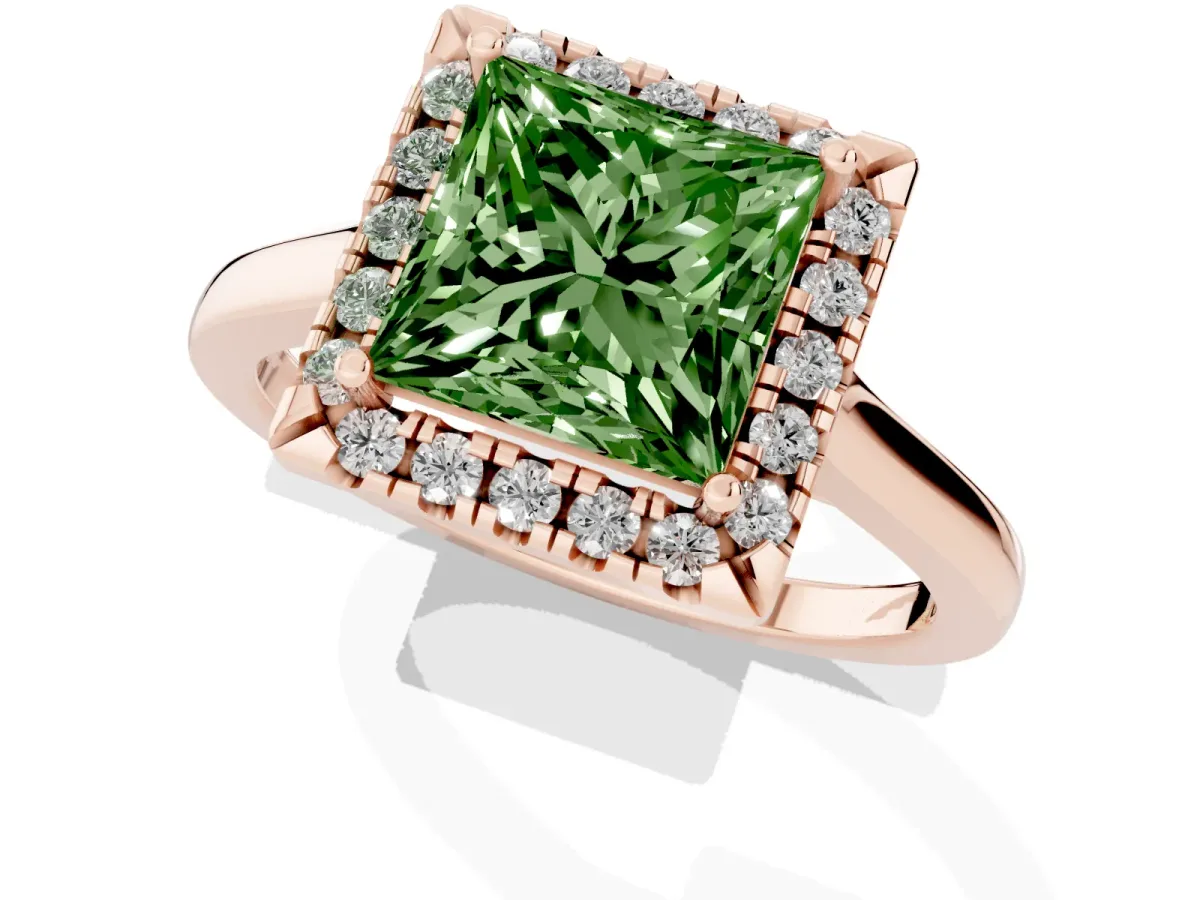Fancy Green Princess Cut Halo Round Diamond Solitaire Ring with Pavé Band and Four-Prong Setting Rose gold