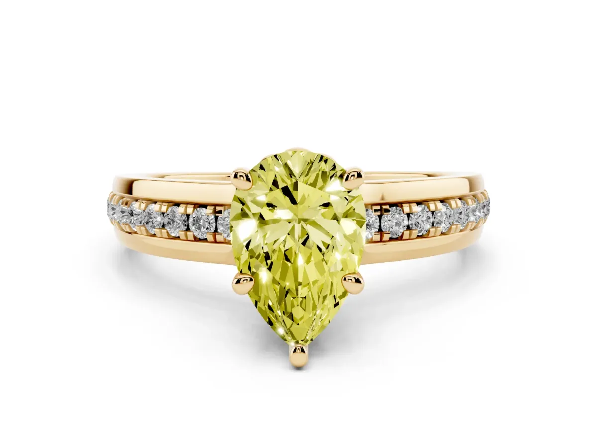 Fancy Yellow Pear Cut Solitaire Diamond Ring with Channel Set Band and Six-Prong Setting Yellow gold