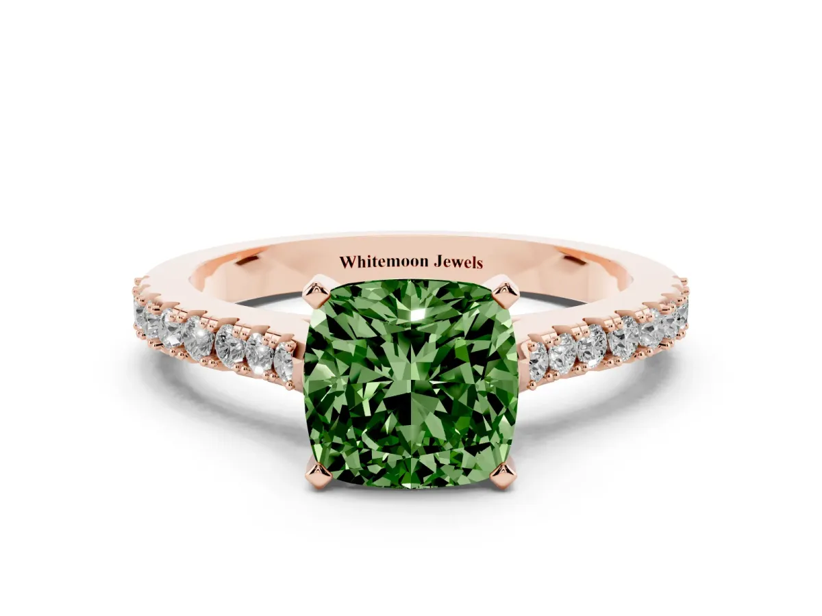 Fancy Green Cushion Cut Cut Solitaire Diamond Engagement Ring with Pave Band and Four-Prong Setting Rose gold