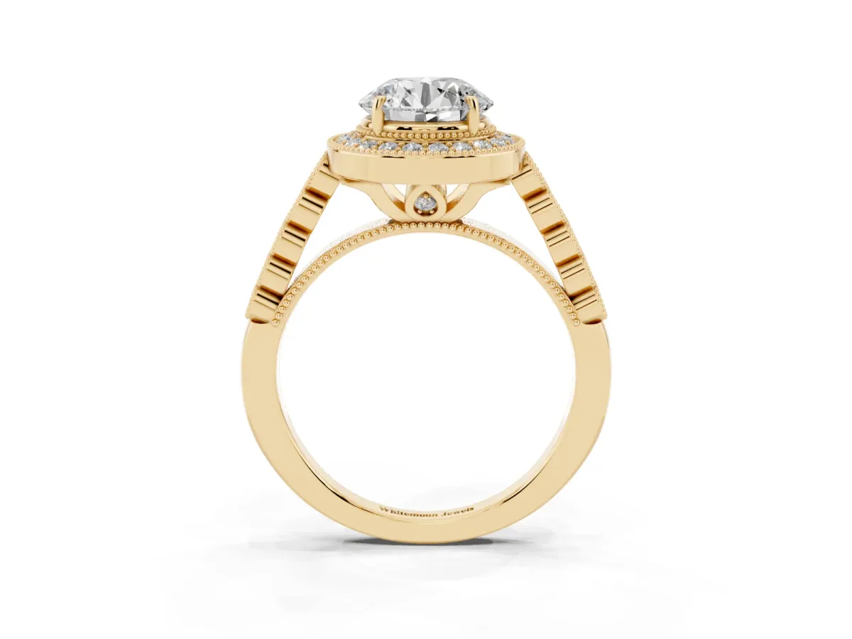 Round Cut Halo Milgrain Solitaire with Bezel Set Side Stones and Pave Band Yellow gold