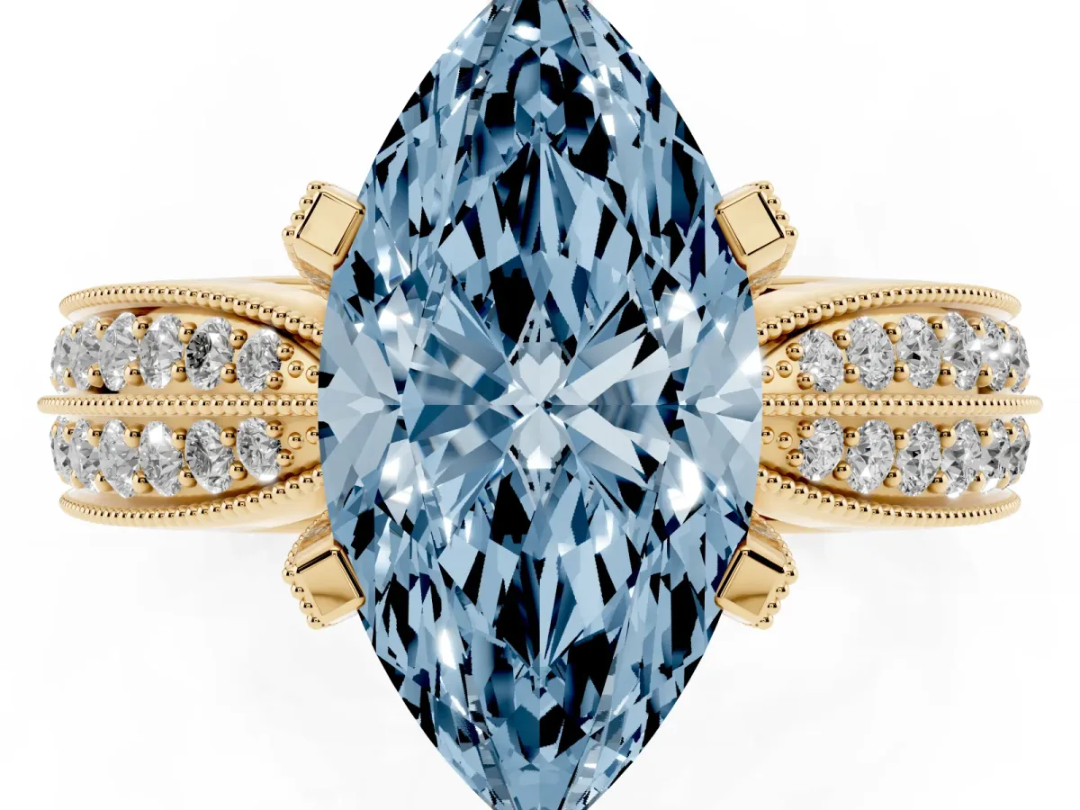 Fancy Blue Marquise Cut Diamond Solitaire Ring with Milgrain Round Pavé Band and Prong Setting Yellow gold
