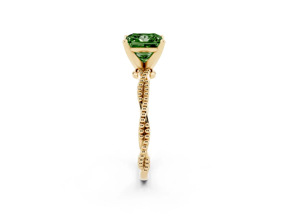 Fancy Green Princess Cut Solitaire Twisted Band with Bead Prong Setting Yellow gold