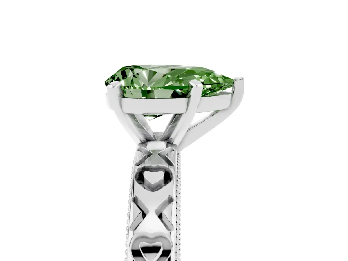 Fancy Green Pear Cut Solitaire Diamond Engagement Ring with XO Engraved Band and Four-Prong Setting Platinum