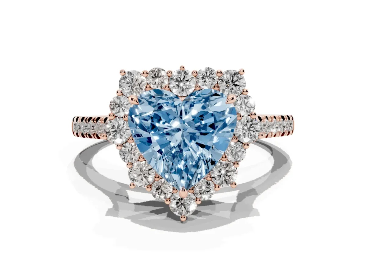 Fancy Blue Heart Cut Halo Diamond Ring with Pavé Band and Prong Setting Rose gold