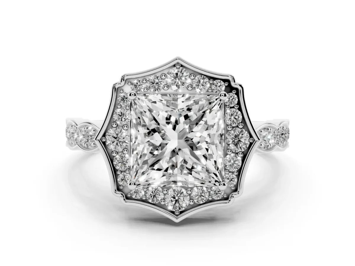Princess Cut Halo Diamond Engagement Ring with Milgrain Band and Four-Prong Setting White gold