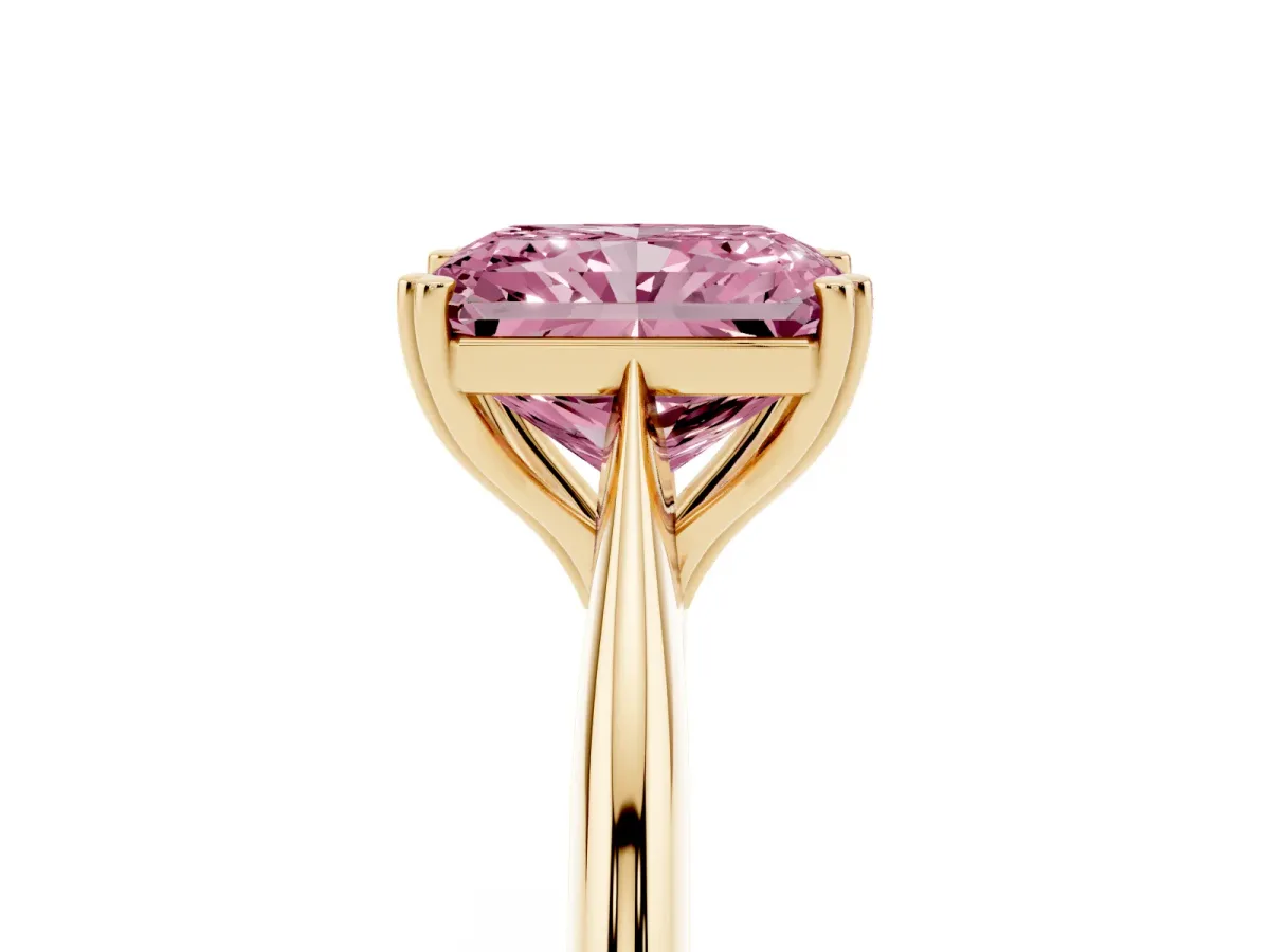 Fancy Pink Radiant Cut Solitaire Diamond Ring with Six-Prong Setting and Classic Band Yellow gold