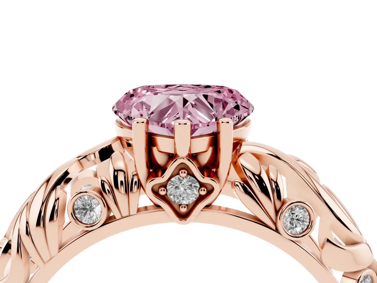 Fancy Pink Heart Cut Solitaire Diamond Leaf-Inspired Vine Band Ring with Prong Setting Rose gold