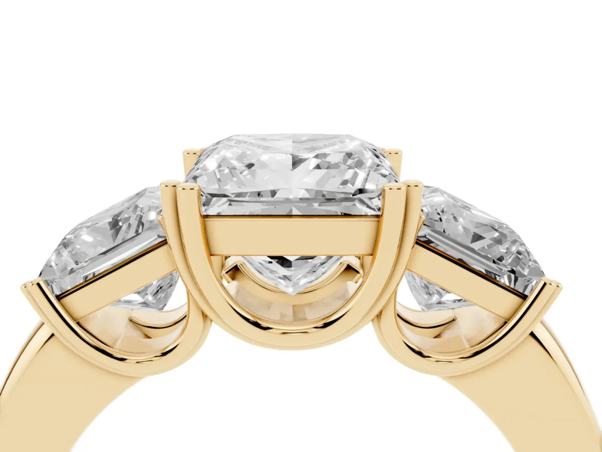 Three-Stone Princess Cut Cut Diamond Ring with Channel Set Band and Four-Prong Setting Yellow gold