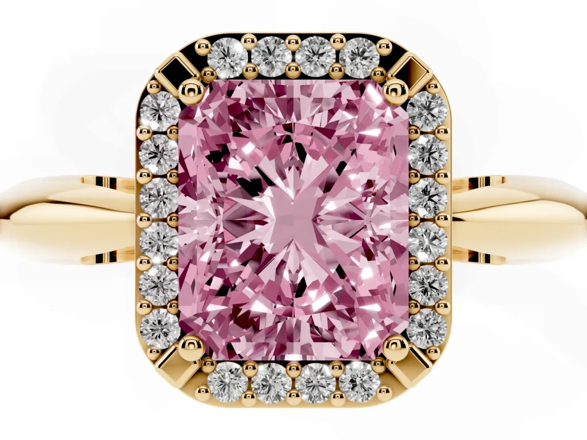 Fancy Pink Radiant Cut Cut Diamond Halo Engagement Ring with Split Shank and Four-Prong Setting Yellow gold