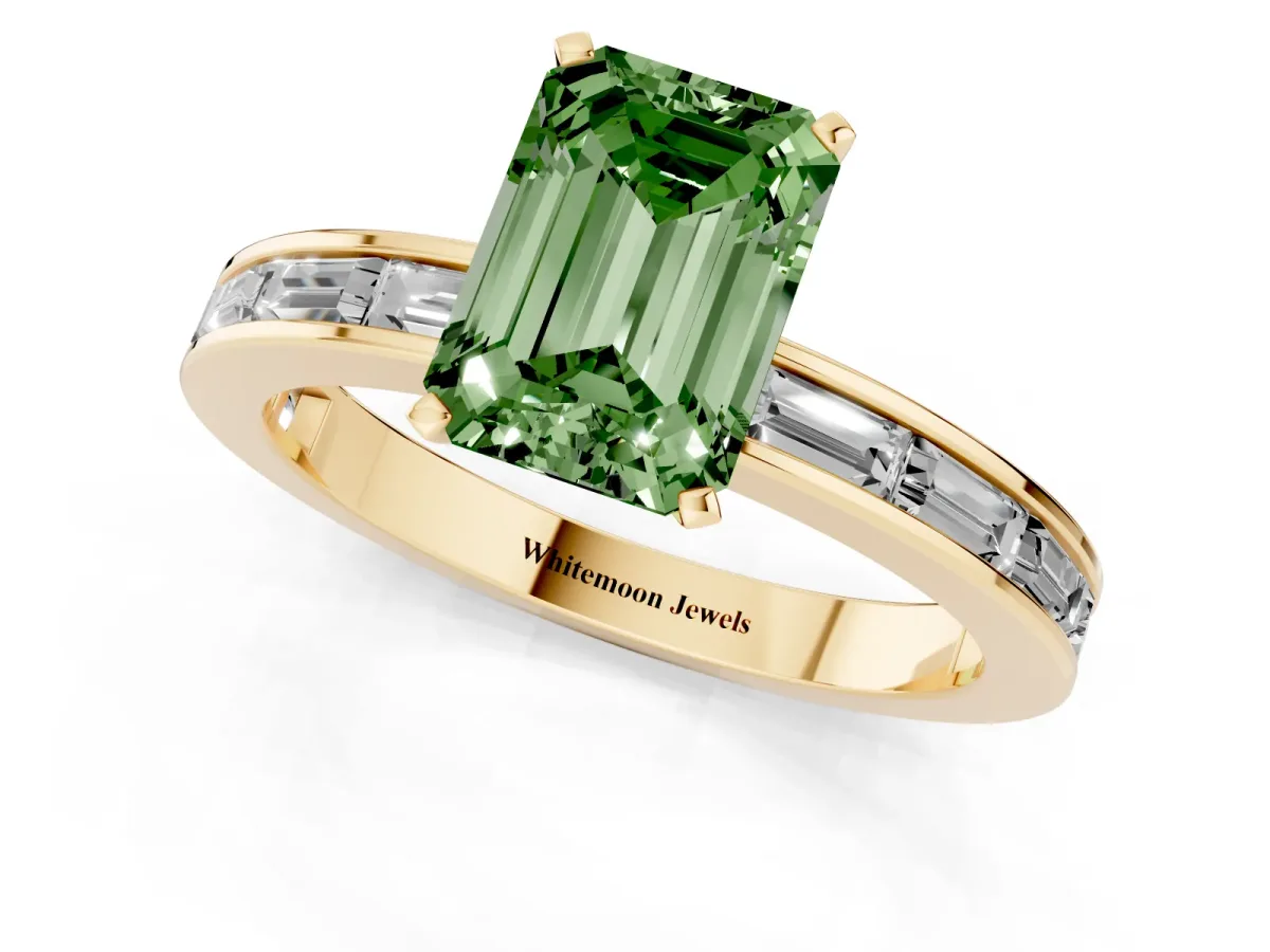 Fancy Green Emerald Cut Solitaire Diamond Ring with Channel-Set Baguette Band and Four-Prong Setting Yellow gold
