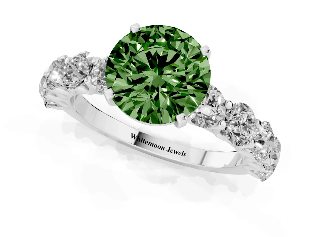Fancy Green Round Cut Diamond Prong Setting with Side Stones on a Pave Band Silver