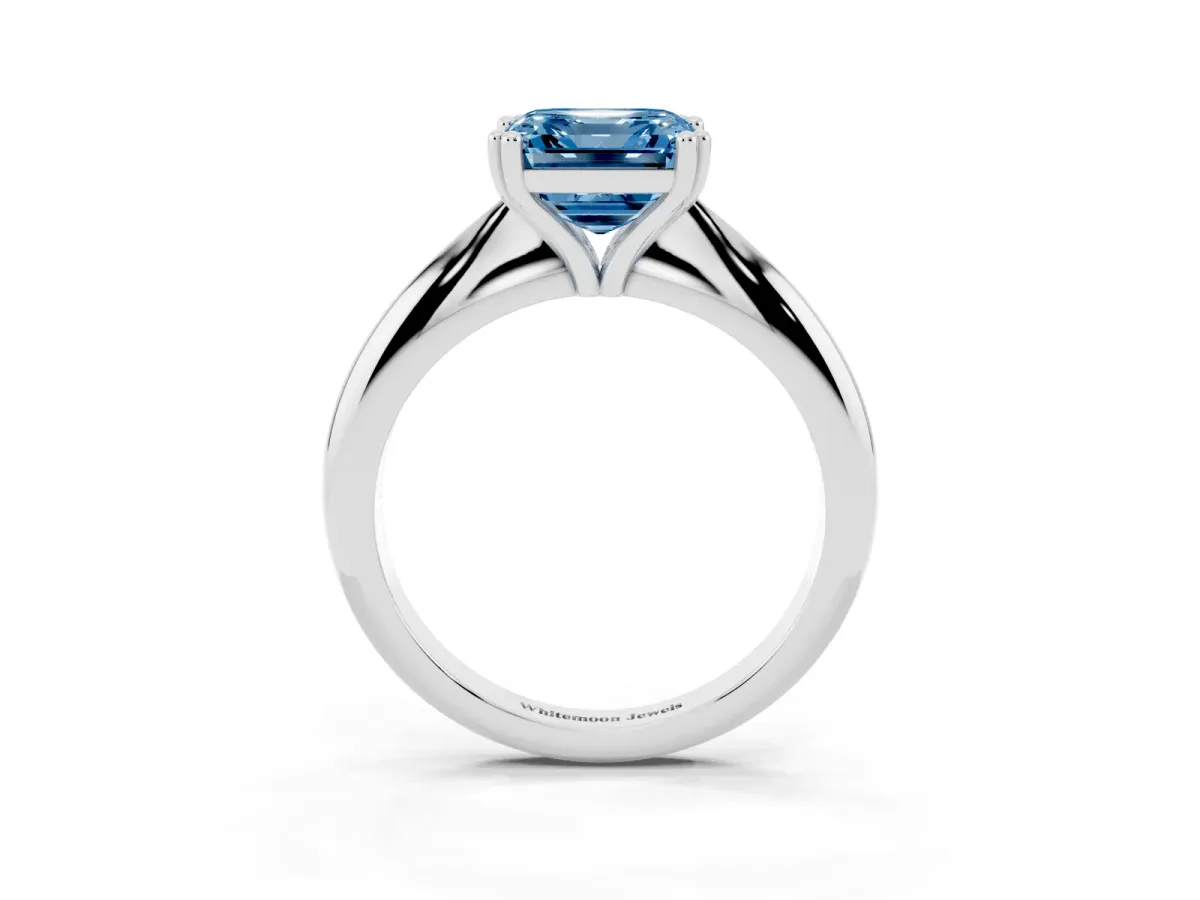 Fancy Blue Asscher Cut Cut Solitaire Engagement Ring with Tapered Band and Four-Prong Setting Platinum