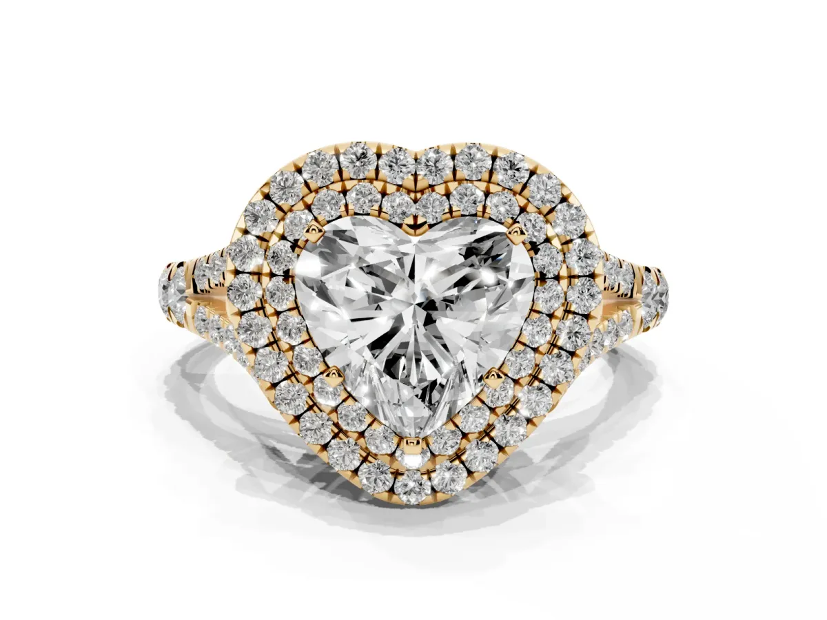 Double Halo Heart Cut Diamond Split Shank Engagement Ring with Four-Prong Setting Yellow gold