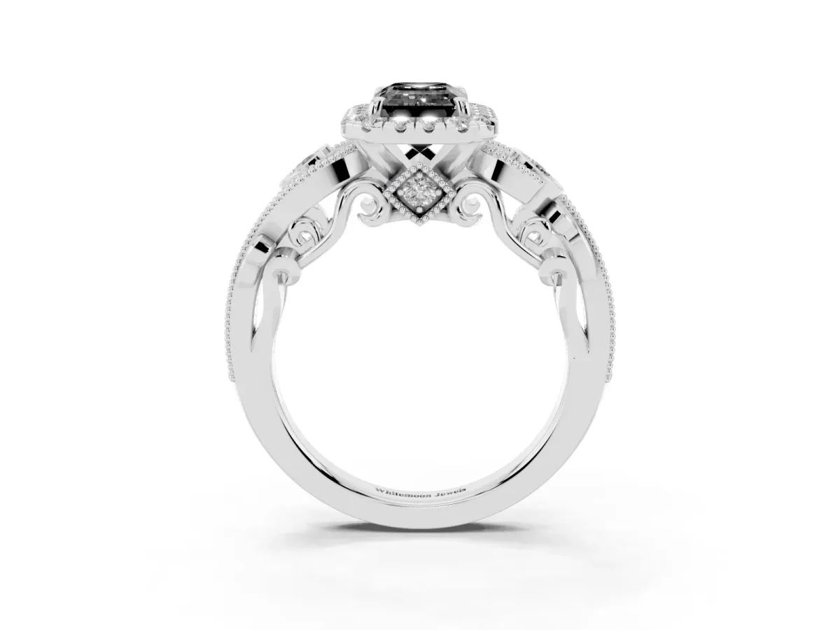 Fancy Black Emerald Cut Halo Diamond Ring with Milgrain and Bezel Accents on a Split Shank Band Platinum