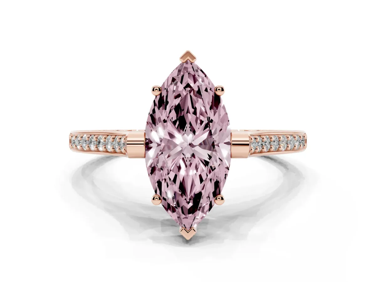Fancy Pink Marquise Cut Solitaire Diamond Ring with Channel Set Band and Bezel Prong Setting Rose gold