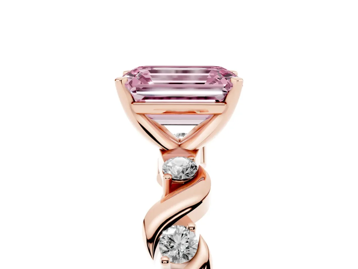 Fancy Pink Emerald Cut Diamond Solitaire Twisted Band with Round Accents and Prong Setting Rose gold