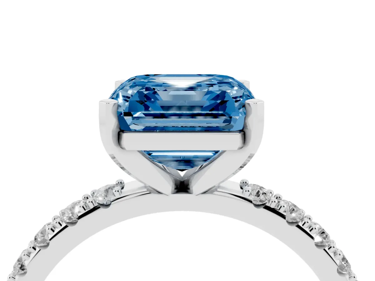 Fancy Blue Asscher Cut Diamond Solitaire Pavé Band with Four-Prong Setting Silver