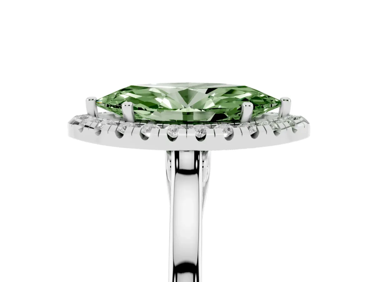 Fancy Green Marquise Cut Halo Round Diamond Solitaire Ring with Pavé Band and Four-Prong Setting White gold