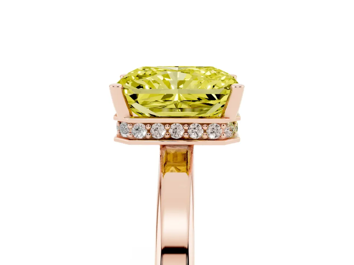 Fancy Yellow Radiant Cut Cut Solitaire Engagement Ring with Four-Prong Setting on a Classic Band Rose gold