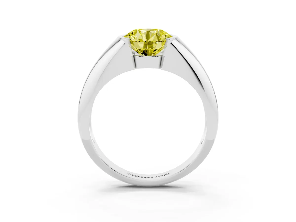 Fancy Yellow Round Cut Solitaire Tension Set Diamond Ring Silver