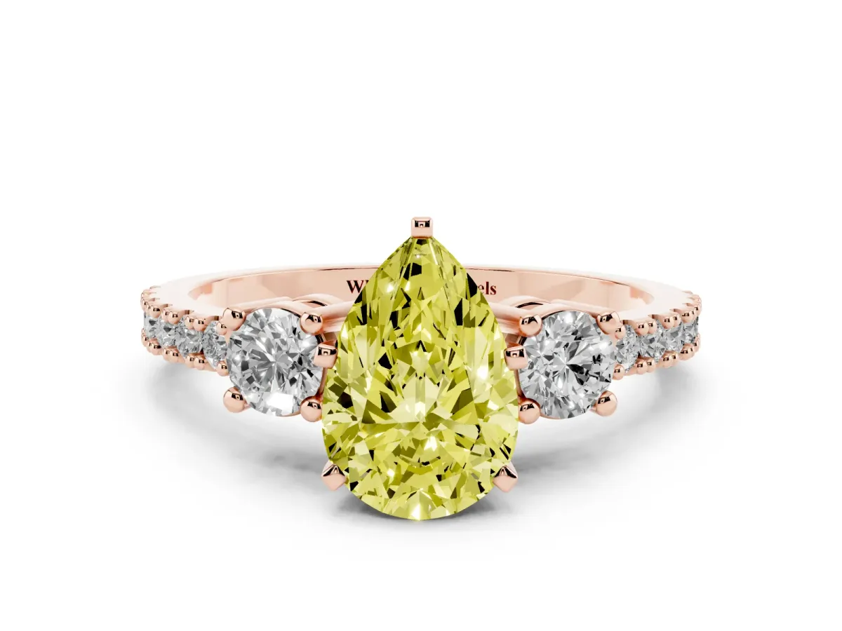 Fancy Yellow Pear Cut Three-Stone Diamond Pavé Band with Prong Setting Rose gold