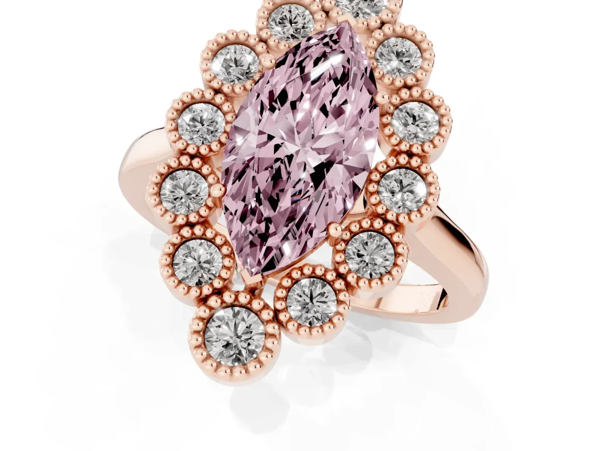 Fancy Pink Marquise Cut Halo Diamond Cluster Engagement Ring with Milgrain Bezel Setting and Solitaire Band Rose gold