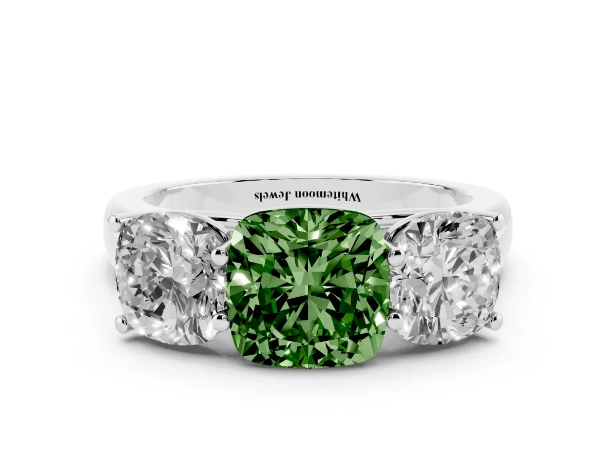 Fancy Green Cushion Cut Three-Stone Diamond Ring with Prong Setting on a Classic Band Silver