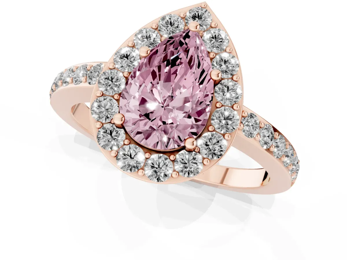 Fancy Pink Pear Cut Halo Diamond Pavé Band Ring with Prong Setting Rose gold