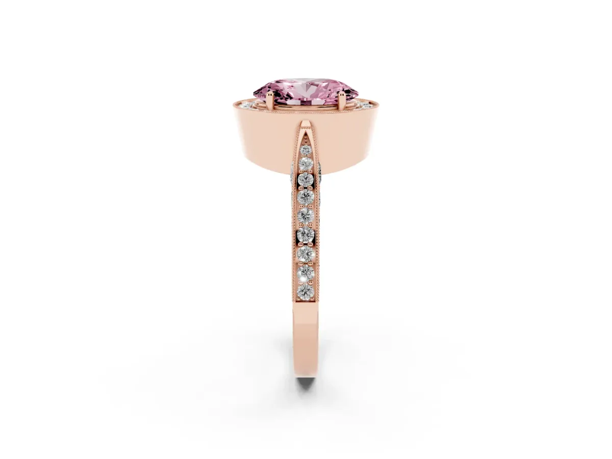 Fancy Pink Oval Cut Halo Diamond Engagement Ring with Split Shank Band and Four-Prong Setting Rose gold